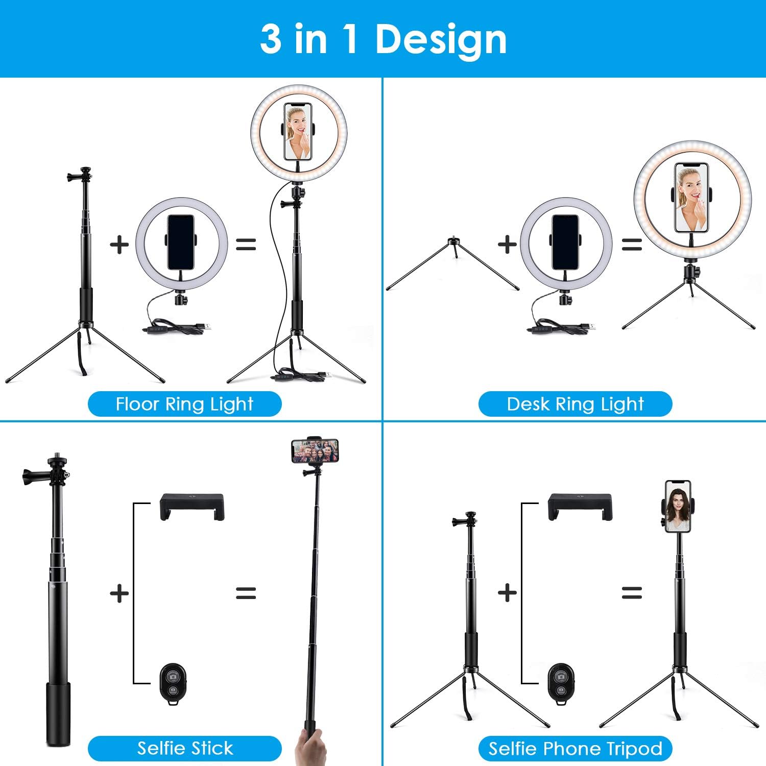 Ring Light 10" Selfie Light Ring with Adjustable Bracket (14.56'' to 65'') Remote Control 3 Modes & 10 Brightness 120 Bulbs Dimmable Desktop Ringlight for YouTube Video/Live Stream/Makeup/Photography : Camera & Photo