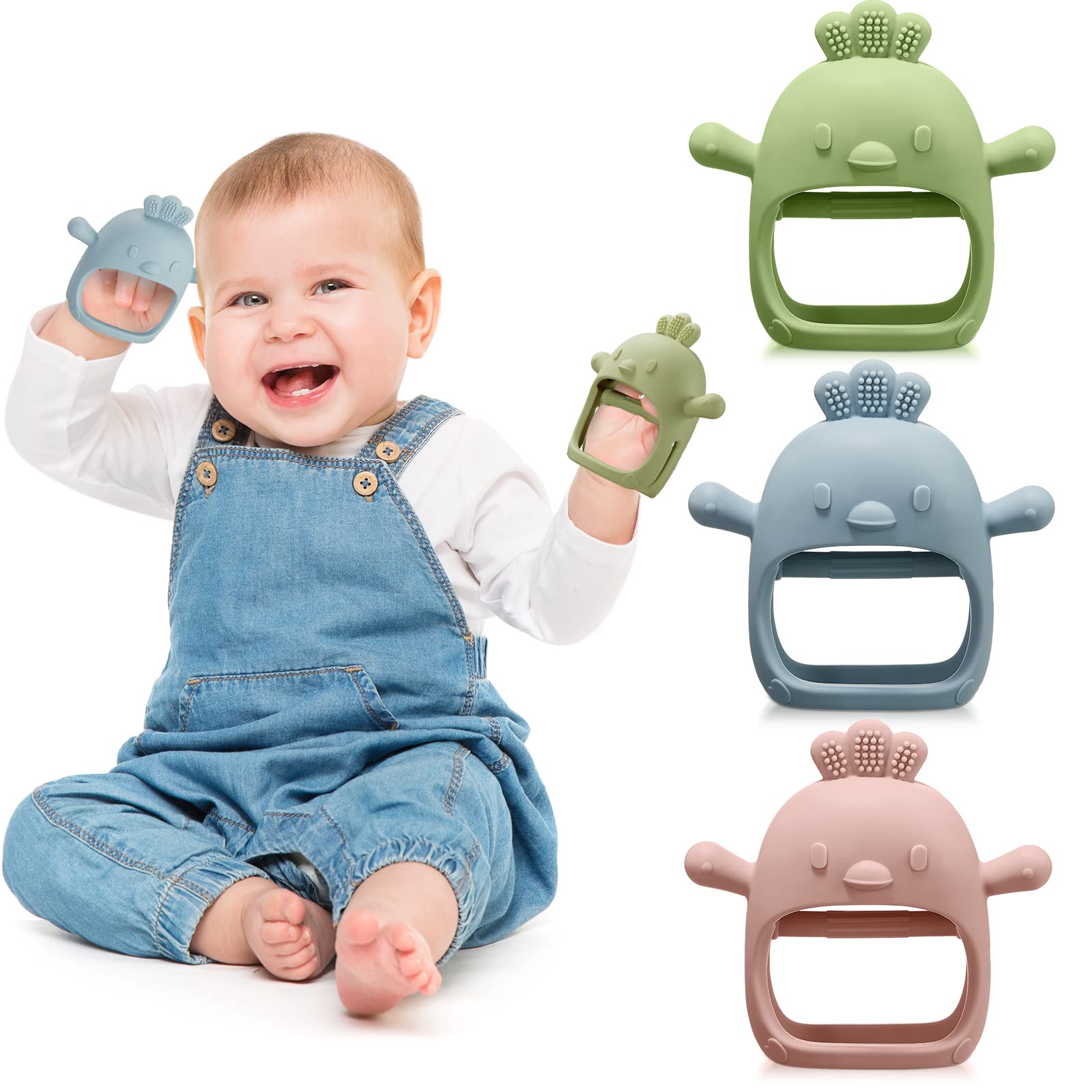 Photo 1 of 3 Pack Baby Teether Teething Toys for Babies 0-6 Months Baby Teething Toy Silicone Anti Dropping Infant Hand Teether Pacifiers Wrist Hand Chew Toys for Sucking Needs (Blue, Green, Flesh Pink, Chick)