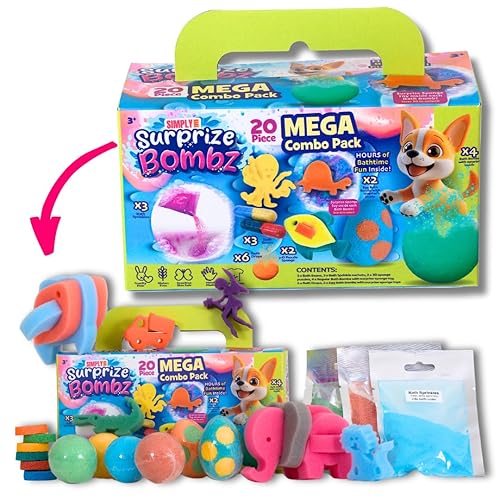 Simply Toys Surprize Bombz 20-Piece Mega Bath Bomb Pack | Kids Bath Bombs with Toys Inside for Ages 3+ | Egg Bath Bombs, Bath Beans, Sprinkle Sachets, 3D Puzzles & Surprise Sponge Toys | Stain-Free