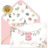 FYSUIMU 50 Pack Baby Shower Thank You Card Pink Gold Foil Floral Clothes Greeting Card Flower Boxed Blank Note Card with Envelope Sticker for Party Supplies, 4 x 6 Inch