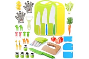 IELEK Kids Knife Set for Real Cooking Toddler Kitchen Tools Include 4 Serrated Edges Plastic Safe Knives,Crinkle Cutter Y Peeler Cutting Boards Wood Kids Knife, Kitchen Gloves, Fruit Forks and Dough Cutters