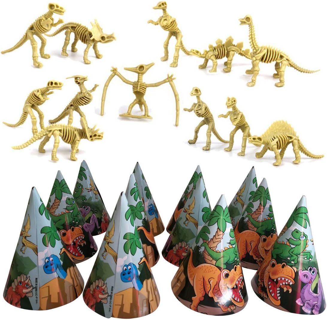 AJPSales Dinosaur Toy Skeletons and Birthday Party Hat Pack, 12 Dino Bone Figures and 12 Colorful Dino Hats