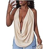 SOLY HUX Women's Sexy Cowl Neck Tops Deep V Neck Draped Halter Tie Back Y2K Going Out Cami Tops