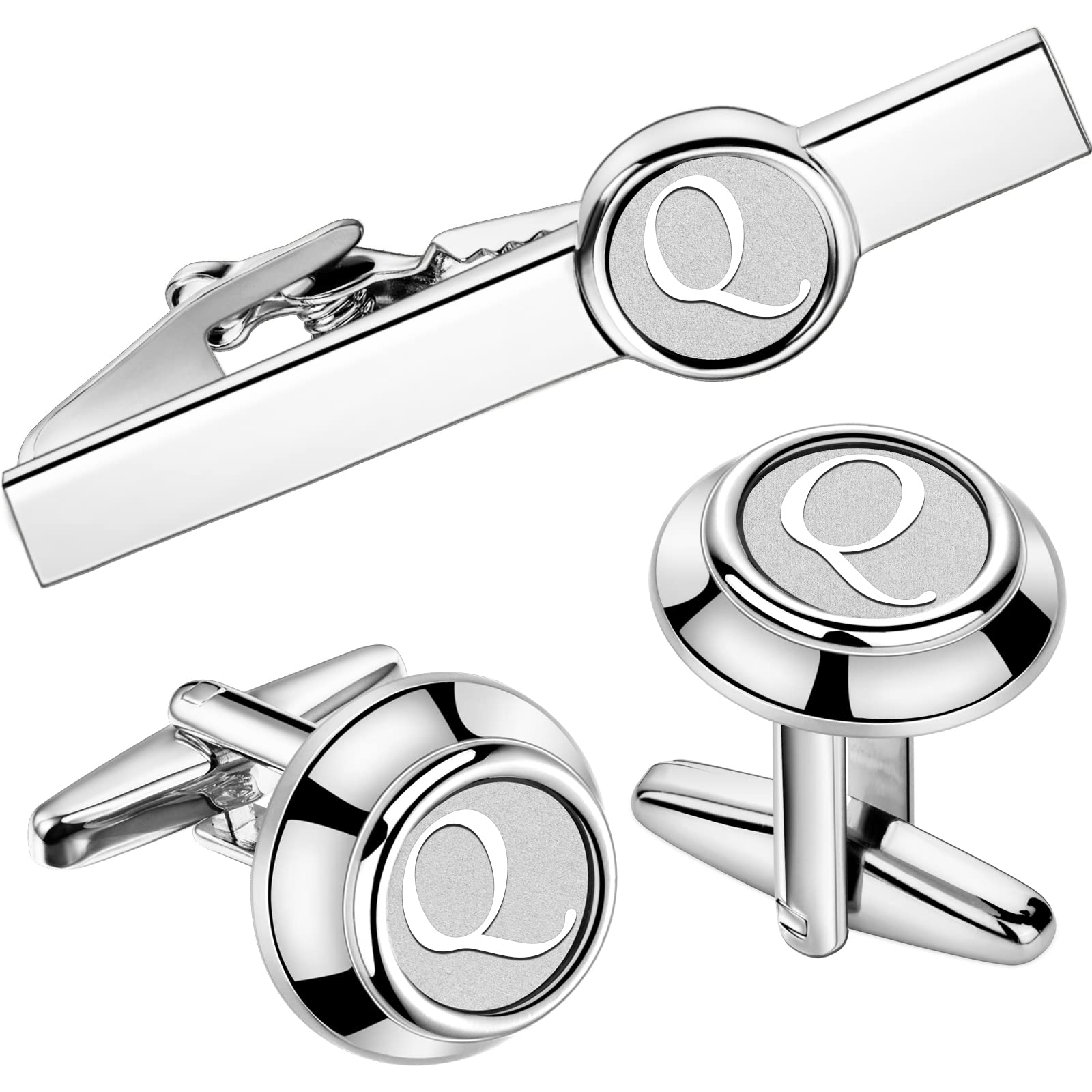 HAWSON Mens Classic Silver Cufflinks and Tie Clip Set for Men Initials A-Z Formal Business Wedding Tuxedo Shirts