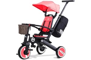 Newtronx Trixplorer 7 in 1 Foldable Toddler Tricycle Removable Push Handle, Rotatable Seat, Adjustable Canopy, Safety Harness, Storage, Basket -Tricycle for Toddlers for 1-5 Year Old (Georgia/Peach)