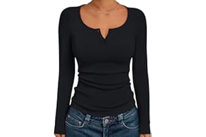 Trendy Queen Long Sleeve Shirts for Women Henley Ribbed Fall Tops Dressy Business Casual Teen Girl Winter Cute Basic Tees