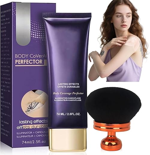 Body Coverage Perfector, All over Complexion Perfector with Extra Large Body Makeup Brush, Tattoo Cover up Cream, Waterproof Makeup Leg Foundation, Sweat-Proof Coverage Concealer for Women
