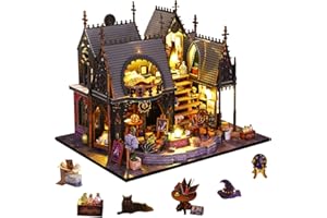 TOMYOUNG DIY Miniature House Kit,Magic Cabin House 3D Wooden Puzzles Dollhouse Bookshelf Insert Decor Alley,Miniature Dollhouse Bookends Model Build-Creativity Kit with LED Light