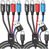 Travel 4 in 2 Charging Cable, USBA/C Multi Charging Cable for Multiple Devices with Two Type-C/Lightning/Micro USB, iPhone Charger Cord for iPhone17-12, Androids iPad, Car Accessories (2Packs, 5FT)