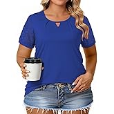 VISLILY Womens-Plus-Size-Summer-Tops Dressy Lace Short Sleeve T Shirts Casual Keyhole Crewneck Blouses Trendy Pleated Tunics