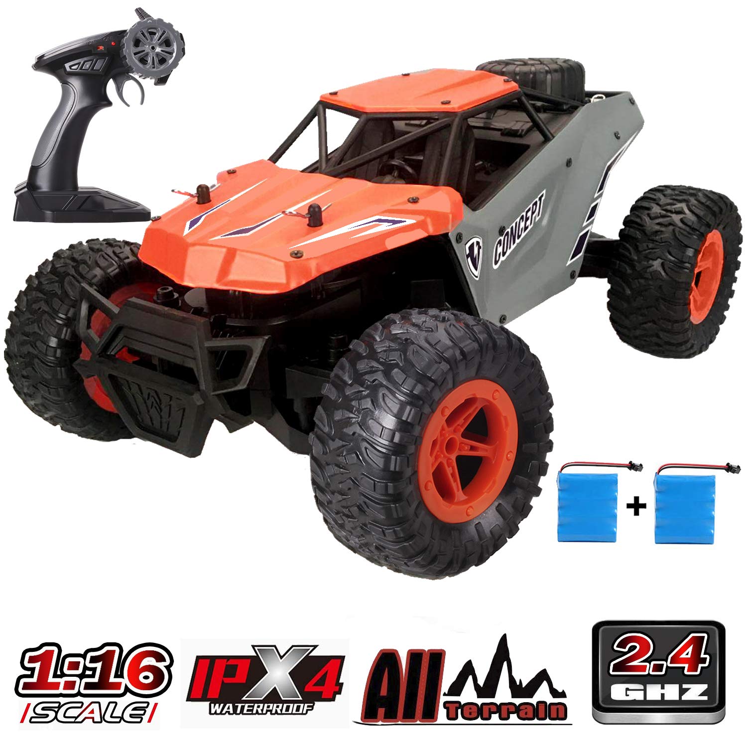 Kuorle Remote Control Car, 1:16 Aluminium Alloy Off Road Large Size Kids High Speed Fast Racing Monster Vehicle Hobby Truck Electric Hobby Toy with Two Rechargeable Batteries for Boys Teens Adults