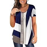 BeadChica Women's Plus Size Tunic Tops Casual Flowy Tshirts Ruched Botton Up Short Sleeve Blouses-Floral-3XL White Blue