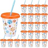 Sliner 24 Pcs Blue Dog Paw 16 oz Reusable Plastic Opaque Cups Paw Print Tumbler with Lid and Blue Straw Drinking Colorful Cup for Birthday Party Supplies Favors