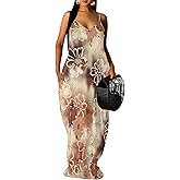 EQQZD Women's Summer Maxi Dress Spaghetti Strap Floral Boho Beach Long Sundress with Pockets
