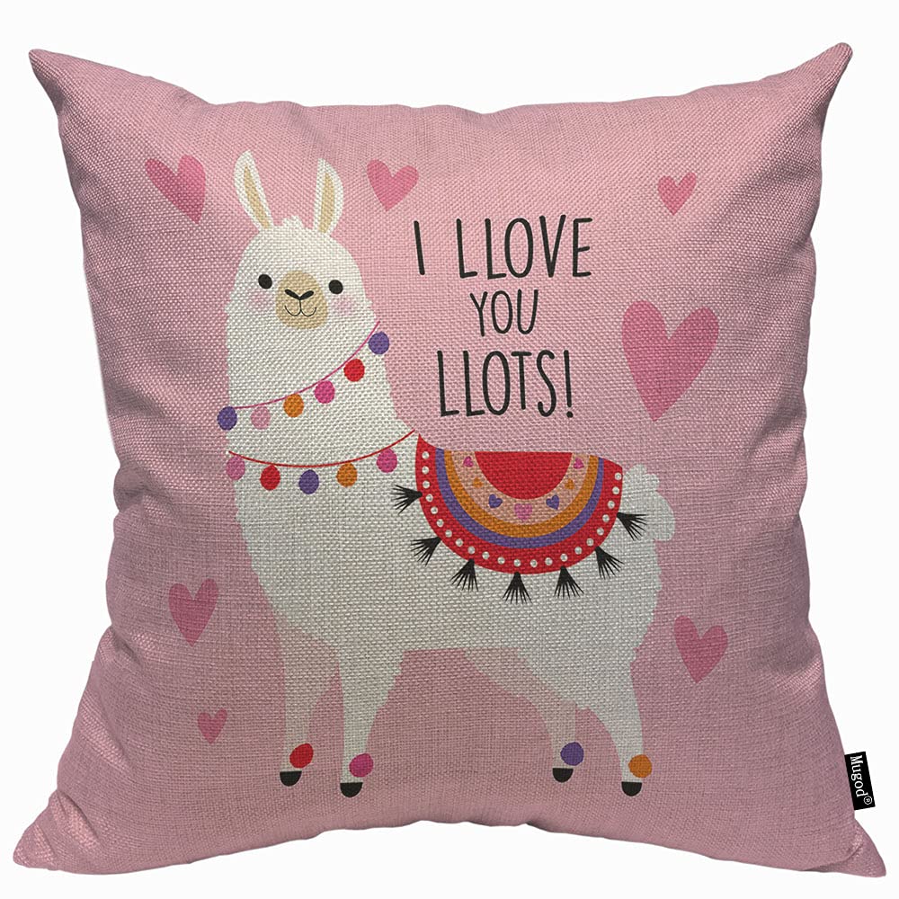 Mugod Alpaca Cushion Cover Throw Pillow Covers Lovely Llama Letter I Love You Llots Pink Hearts Background Pillow Case for Men Women Decorative Home Sofa Chair Couch 45x45cm/18x18 Inch