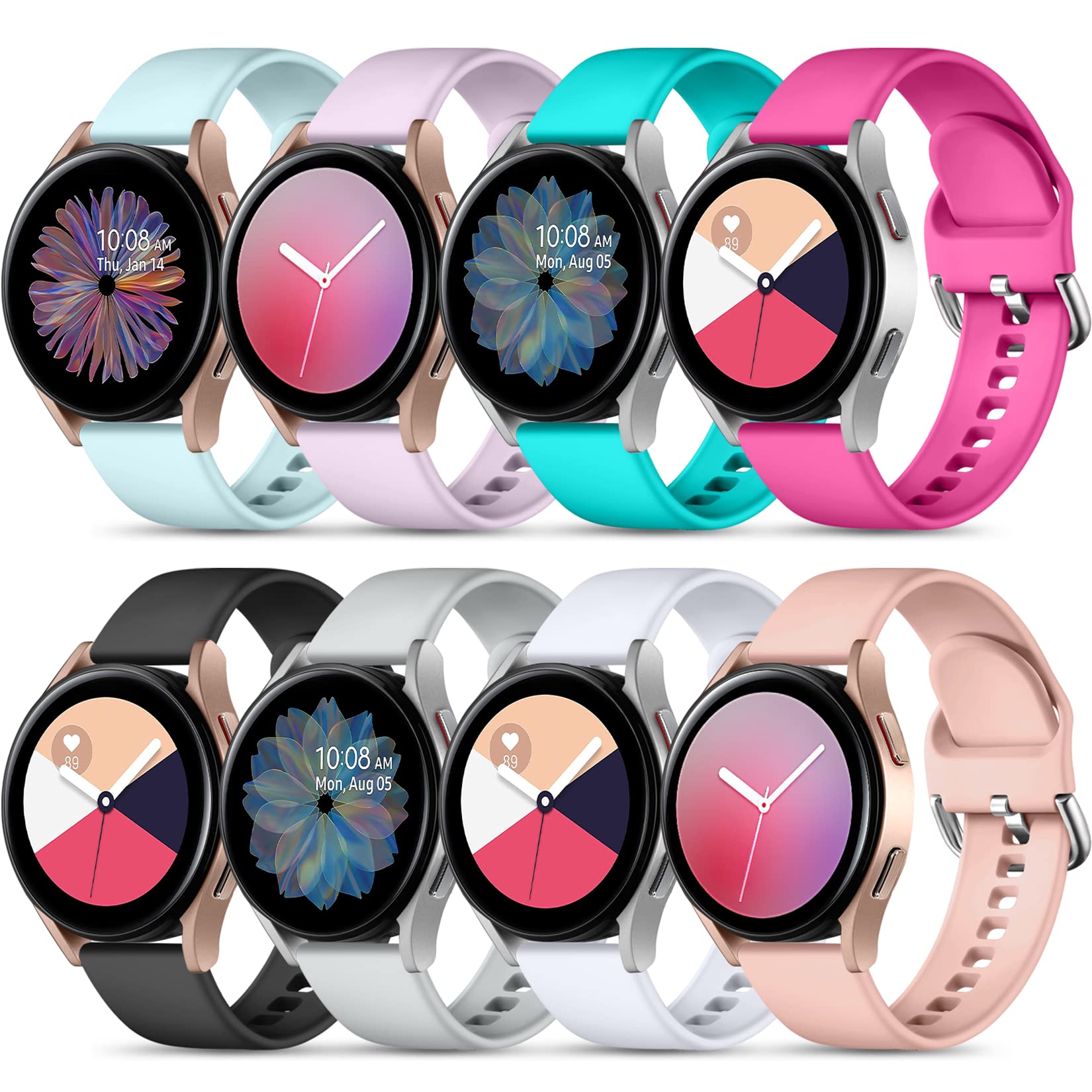 Maledan 8 Pack Soft Silicone Bands for Galaxy Watch 7 Band/Galaxy Watch 6 5 4 Band 40mm 44mm Women Men, Samsung Watch 4 6 Classic/5 Pro, 20mm Watch Band for Samsung Watch Bands Sport Wristband, Large