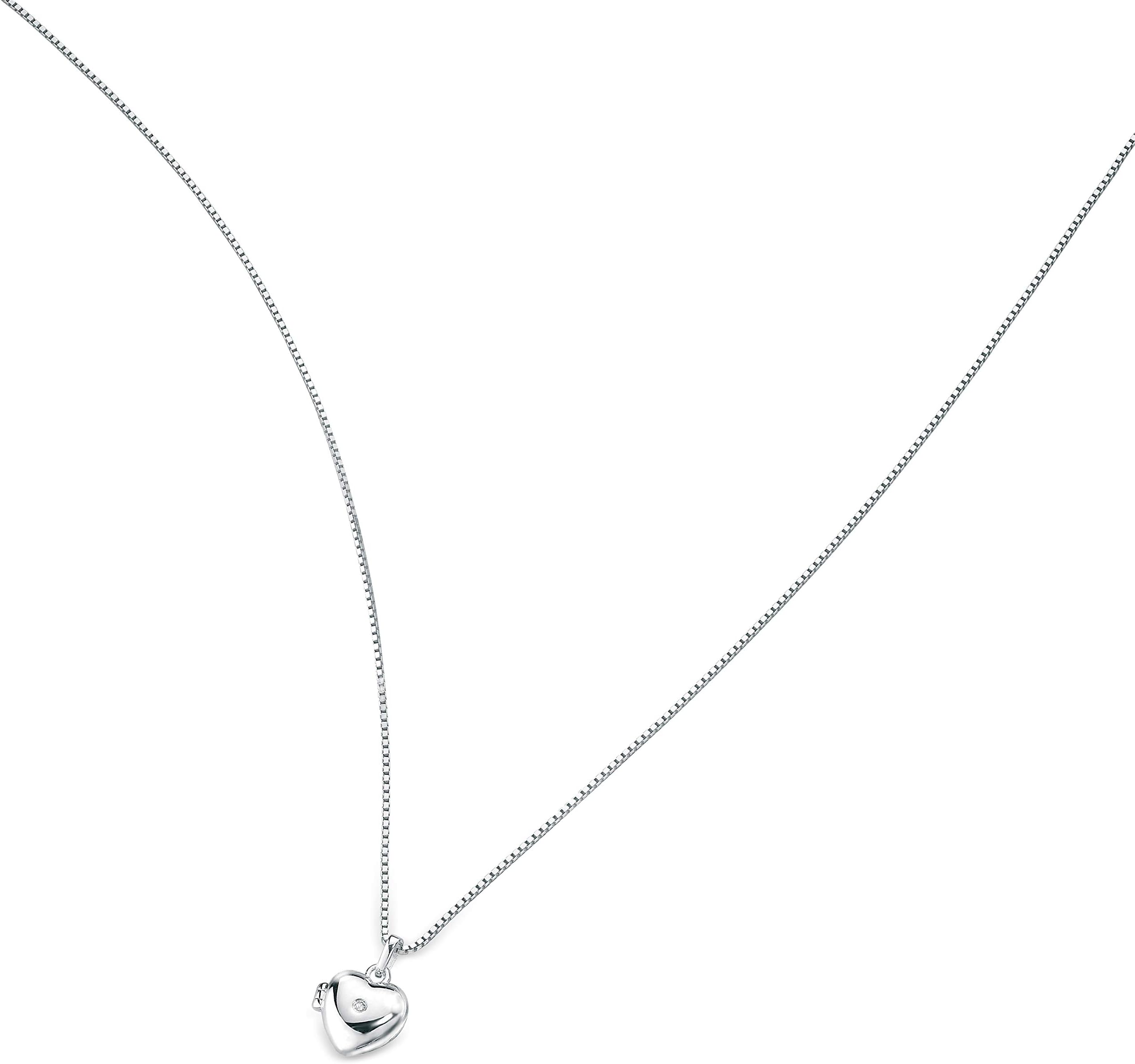Silver Child's Heart Locket (approx 9mm) with tiny diamond (0.01ct) and 14" Necklace by D for Diamond