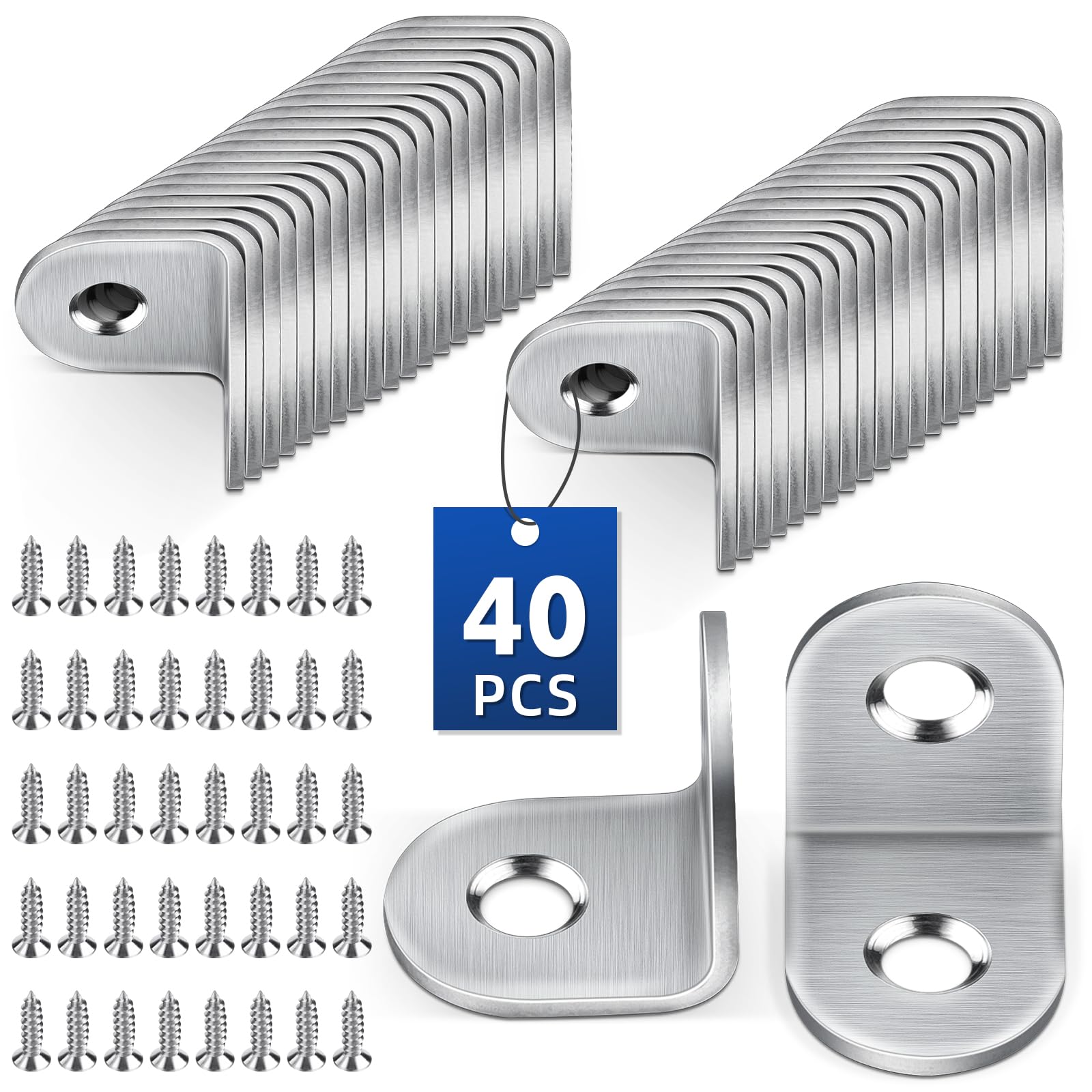 Jeboler 40pcs Angle Brackets - 20 × 20mm, Stainless Steel Right Corner Brackets with 80pcs Screws for Wood Fixing Furniture Shelves Tables Chairs