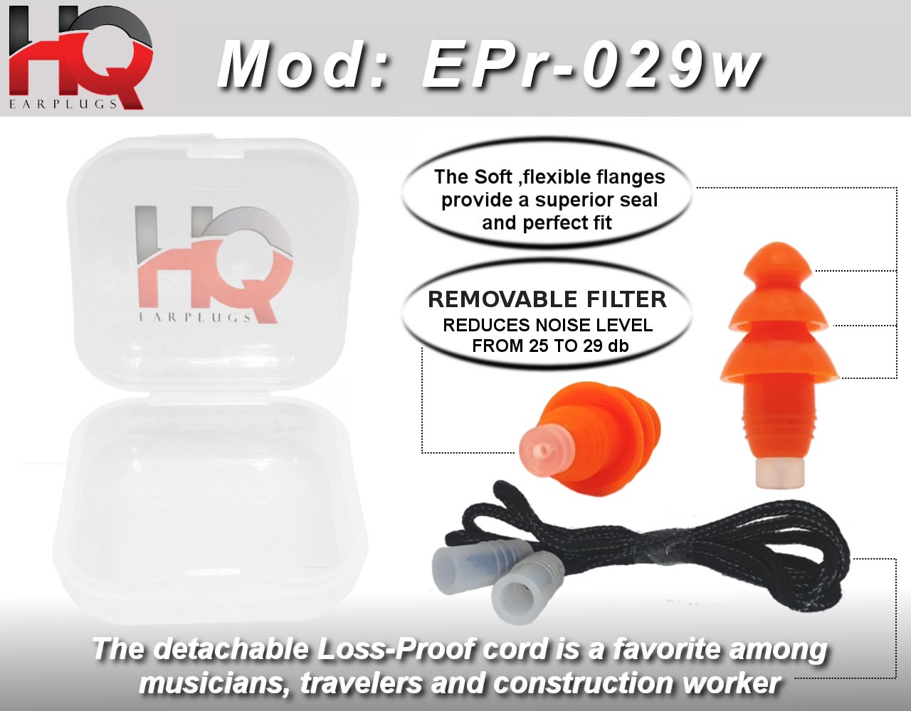 Soft Silicone Ear Plugs with Filter- Noise Cancelling & Hearing Protection By HQ Earplugs - NRR 25 to 29db – Water Block Ends – One Size Fits All (Orange)