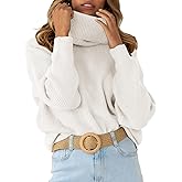 MURMUREY Womens Turtleneck Drop Shoulder Sweaters Chunky Knit Long Sleeve Oversized Sweater Fall Winter Pullover Jumper Tops White