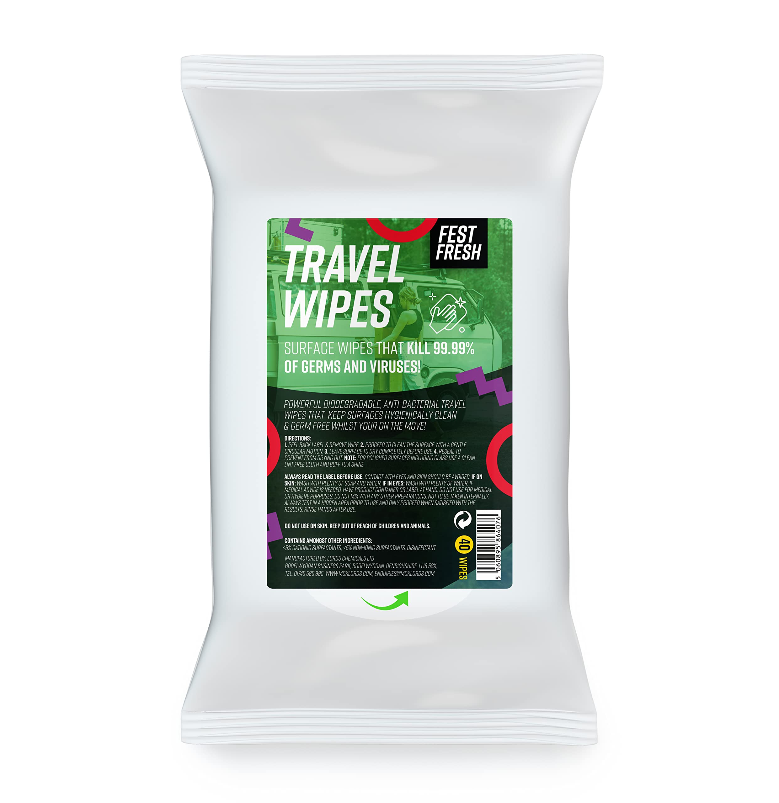 FestFresh Travel Surface Wipes | Perfect for Camping, Backpacking and Festivals | 40 Pack, White, 1 Pack