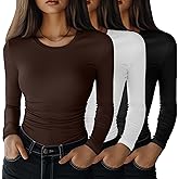 Velvelhall 3 Pack Women's Long Sleeve Shirts, Crew Neck Side Ruched Tops Slim Fit Casual T Shirts Basic Fashion Tight Tees