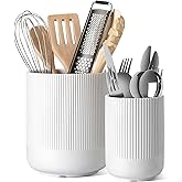 LE TAUCI Utensil Holder, 7.3"+5.4" Ceramic Kitchen Utensil Holder for Countertop, Large Cooking Utensil Crocks for Kitchen Counter Decor, Morden Utensil Organizer for Spatula, Set of 2, White