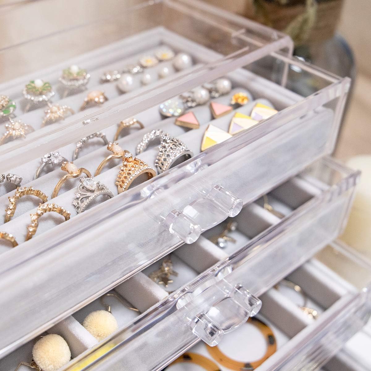 Mebbay Acrylic Jewelry Box with 4 Drawers, Velvet Jewelry Organizer for Earring Necklace Ring & Bracelet, Clear Jewelry Display Storage Case for Woman, Grey: Home & Kitchen