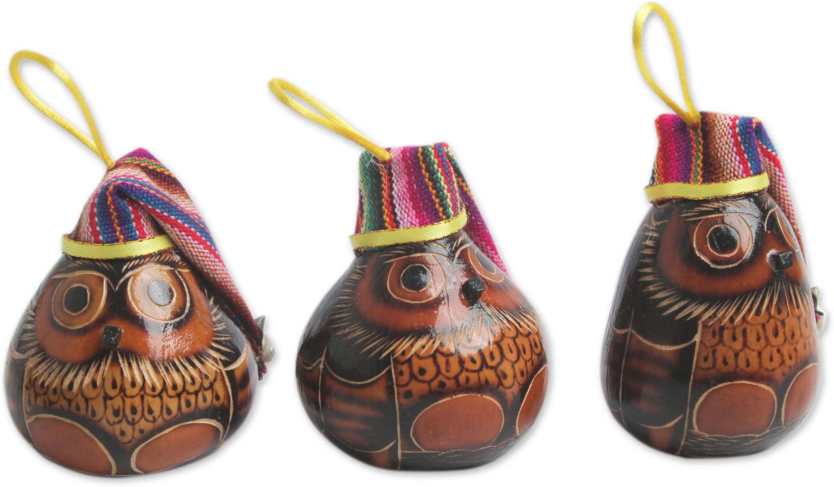 NOVICA Hand Painted Dried Mate Gourd Hanging Holiday Ornaments, 'Holiday Owls' (Set of 3)