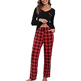 Yukiuiny Womens long Sleeve Pajamas Sets 2 Piece Tops and Plaid Pants PJ Set Loungewear Sleepwear with Pockets
