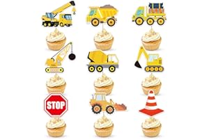PRETYPS 45 PCS Construction Cupcake Toppers Dump Truck Excavator Tractor Stop Sign Part Cake Toppers for Construction Theme Kids Birthday Decorations Baby Shower Birthday Sign Decor Party Decor Party Supplies