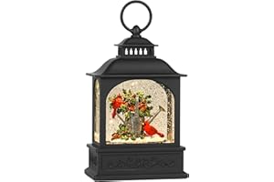 KIKTH Musical Christmas Snow Globe Lantern with 6H Timer, Lighted Christmas Decorations Battery Operated Snow Globe for Home Tabletop, Flower Pots & 2 Cardinals