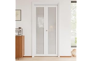 JuJuBon Bifold Doors, 36"x 80" Tempered Frosted Glass Closet Bifold Door with Sliding Hardware Kit, Interior Bi Fold Doors for Pantry, Solid Build Quality & Easy Install, White