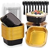 FORBFAN 150 Pack 10 oz Mini Cake Pans with Lids & Spoons, Black and Gold Foil Square Dessert Cups, Disposable Baking Tins for Wedding, Party, Catering & Bakery