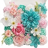 TINGE TIME Artificial Flowers Combo Set Teal Blue & Pink Flowers Mix Silk Flowers Roses with Stem for DIY Wedding Bridal Bouquets Baby Shower Floral Arrangement Table Centerpieces Home Decorations