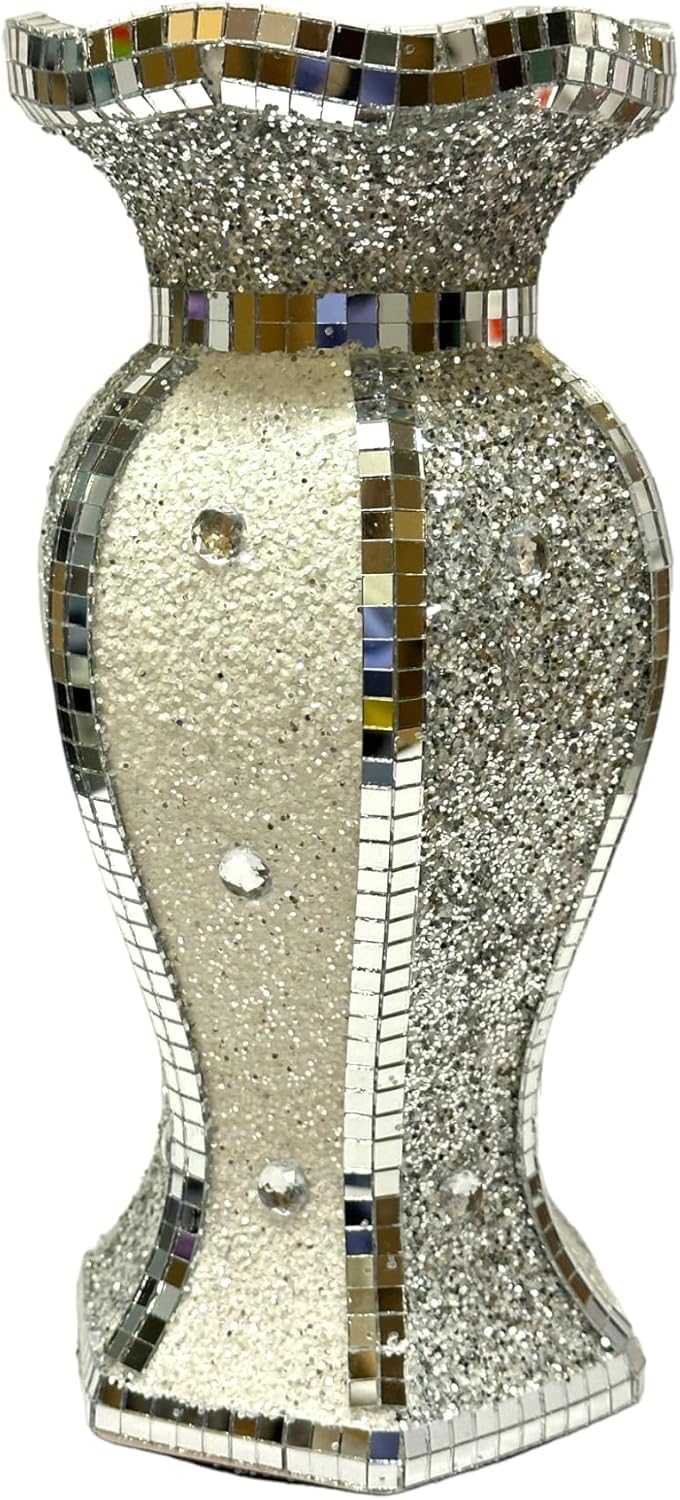 Crystallized Romany Flower Vase - Mosaic Italian Blingy Silver Vase for Flower Arrangement - Handmade Craft | Crushed Diamond Display | Elegant Gift, Home Decor