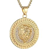 AsAlways 18K Gold Plated Lion Head Necklace Pendant for Men Stainless Steel Hip Hop Rock Lion King Necklaces Charm Animal Amulet Jewelry