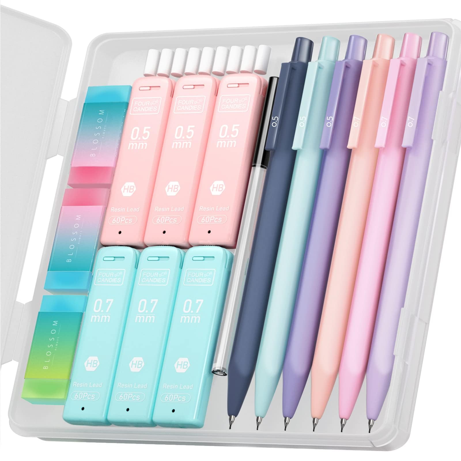 Photo 1 of Four Candies Cute Mechanical Pencil Set, 6PCS Pastel Mechanical Pencils 0.5 & 0.7mm with 360PCS HB Leads, 3PCS Erasers and 9PCS Eraser Refills, Aesthetic School Supplies for Girls Writing