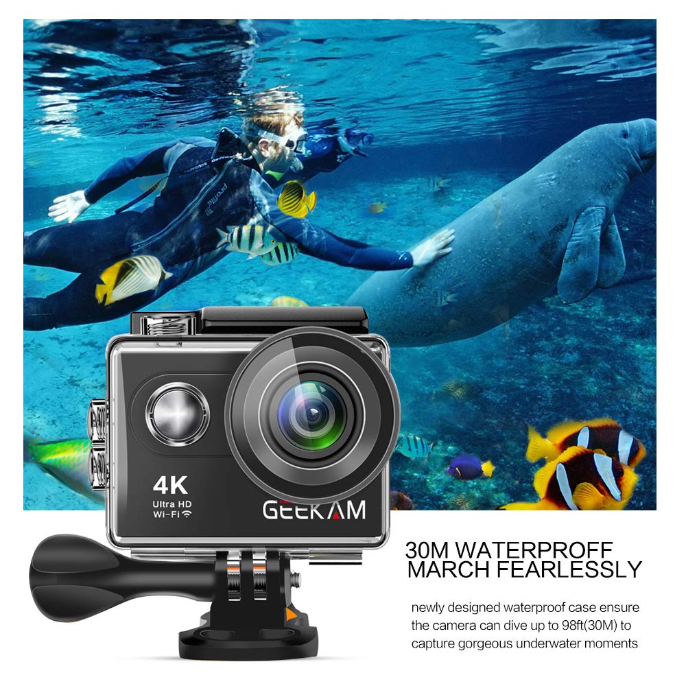 GeeKam Action Camera 4K WiFi Ultra HD Underwater 30M Waterproof 170° Wide Angle Lens Sports Camcorder with Remote Control 2 Rechargeable Batteries and Mounting Accessories Kit