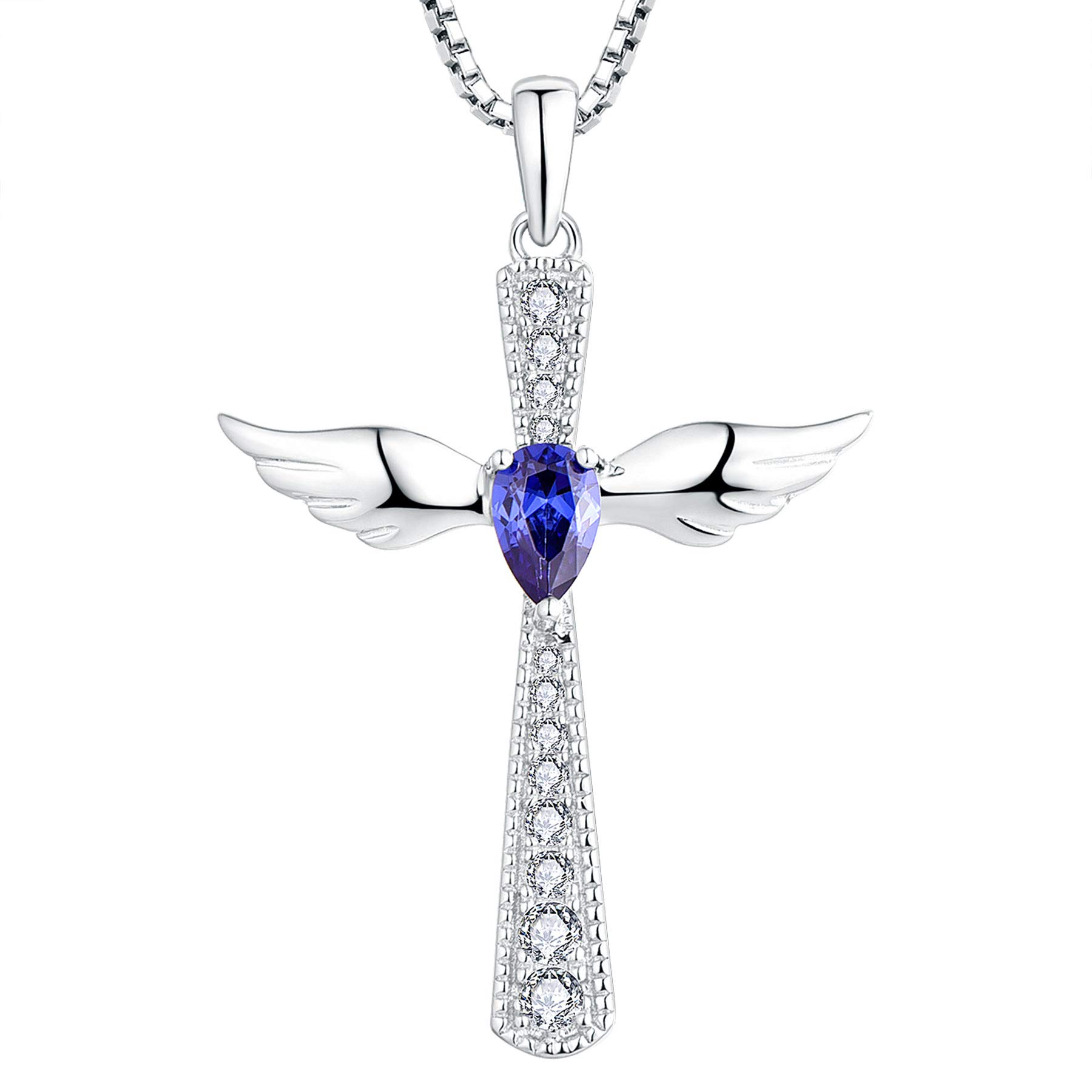 YL Cross Angel Wing Necklace 925 Sterling Silver December Birthstone Tanzanite Cubic Zirconia Guardian Angel Pendant Necklace for Women — image 1