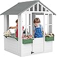 Outsunny Kids Wooden Playhouse, Outdoor Garden Games Cottage, with Working Door, Windows, Flowers Pot Holder, 47" x 38" x 54", White