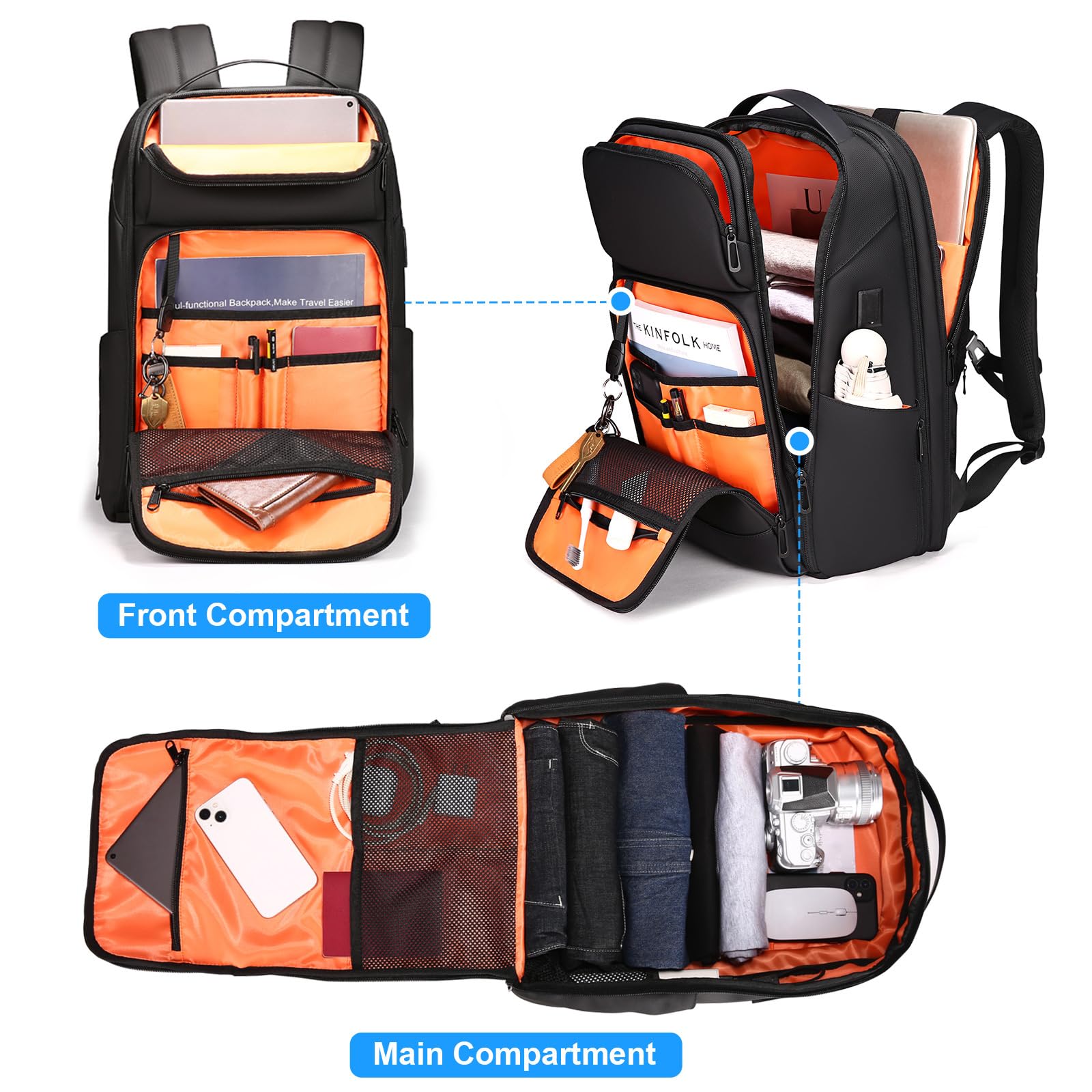 FENRUIEN 17 Inch Travel Backpack for Men, Expandable Water Resistant Computer Backpack with USB Port, Black Laptop Bag for Business/College/Work
