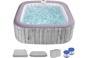 YOFE 73" Hot Tub Inflatable with 130 Air Jets,Square Hot Tub for 4-6 Person,Outdoor Spa with Built-in Fastfill Inflation System,Insulation Lid for Patio,Deck Use (Woodgrain Gray + Purple)
