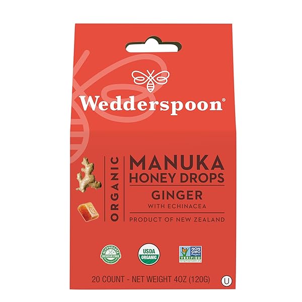 WEDDERSPOON ORGANIC MANUKA HONEY DROPS, GINGER & ECHINACEA, 20 COUNT (PACK OF 1) | GENUINE NEW ZEALAND HONEY | PERFECT REMEDY FOR DRY THROATS