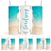 HomeBee Personalized Beach Vacation Tumbler with Name, Destination & Year | 20 oz Custom Skinny Tumbler with Lid & Straw | Customized Travel Cup for Family Trip, Bachelorette Summer Holiday Gift
