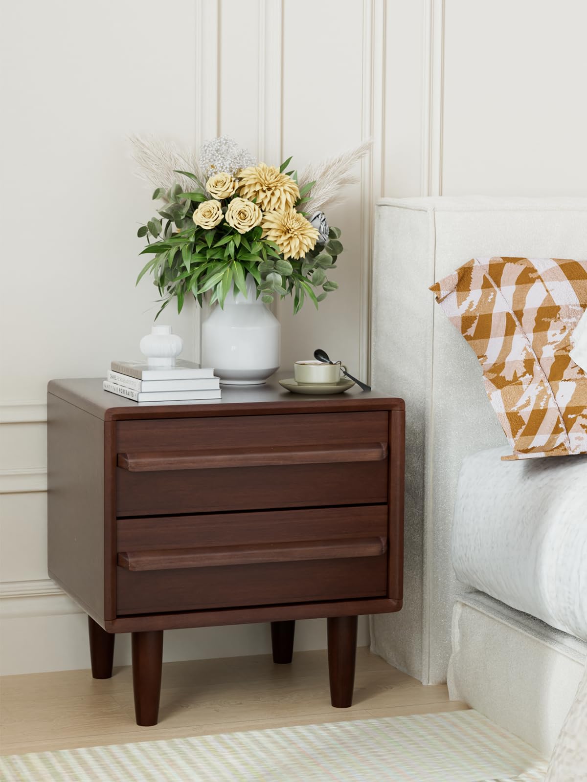 Photo 1 of (damaged)(sold for parts/repair) Solid Oak Wood Nightstand, Mid-Century Modern Bedside Table with 2 Drawers, Curved Profile End Table with Storage