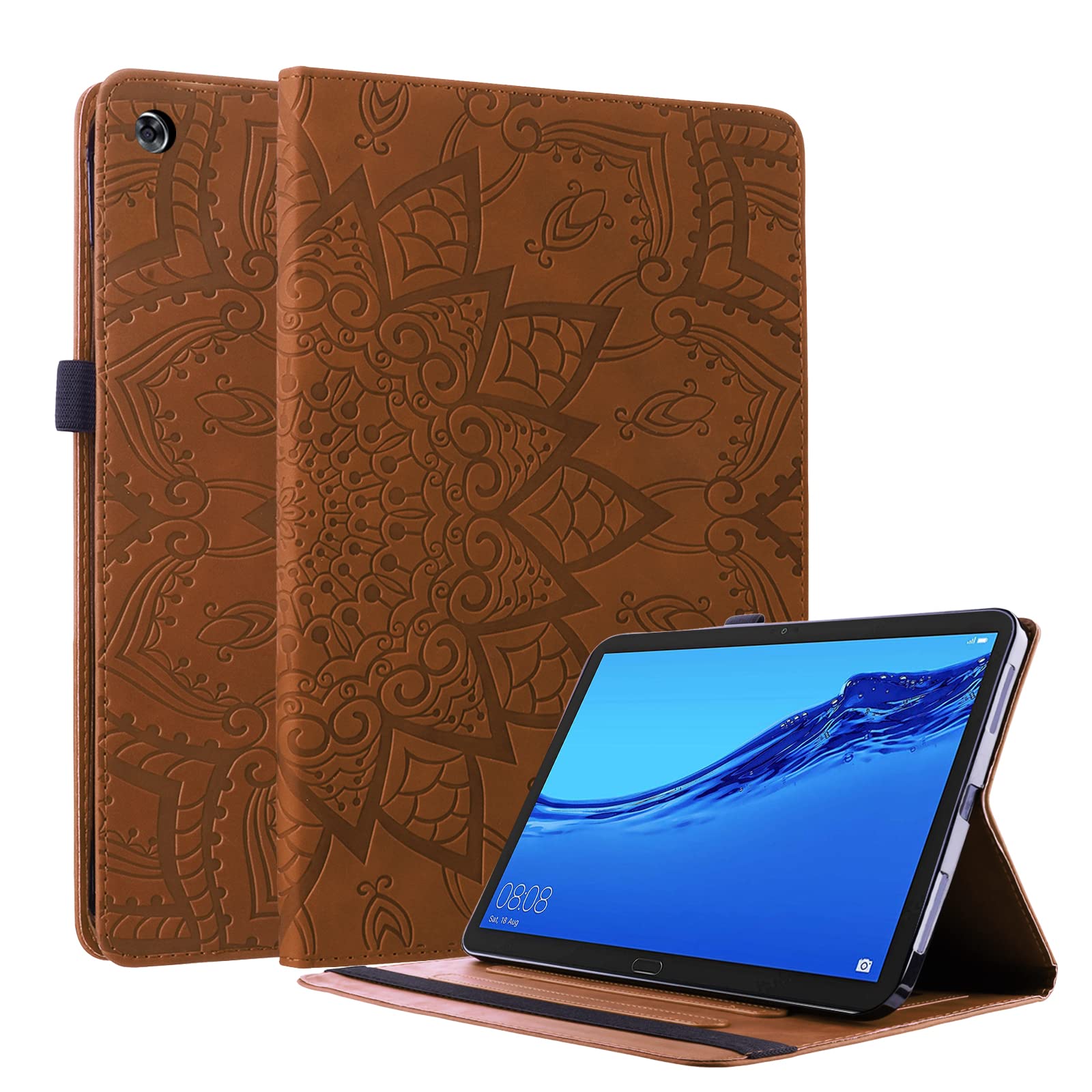 Huawei Mediapad M5 Lite/Mediapad C5 Case with Card Holder and Pen Holder for Huawei M5 Lite 10/C5 10 10.1 Inch Flower Mandala Brown