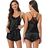 cheibear Womens Satin Pajamas Sleeveless Racer Back Lace Trim Camisole Tops with Shorts Sliky Lounge Sets