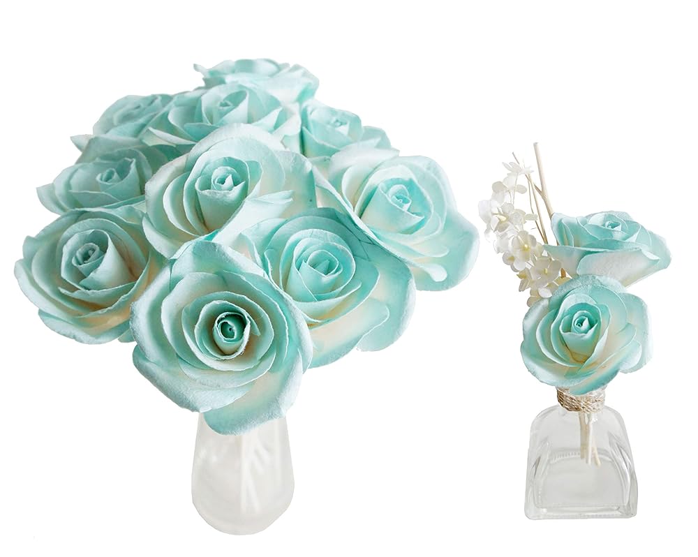 Amazon Com Turquoise Blue Rose Mulberry Paper Flower With Reed Diffuser Stick For Home Fragrance Accessories Set Of 10 Roses By Plawanature Handmade