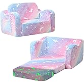 MeMoreCool Toddler Chair & Sofa Bed – Glow‑in‑The‑Dark Unicorn Design | Convertible Fold‑Out Plush Couch for Kids Ages 1‑5, Machine‑Washable Cover, Ideal for Playroom, Naps, Travel